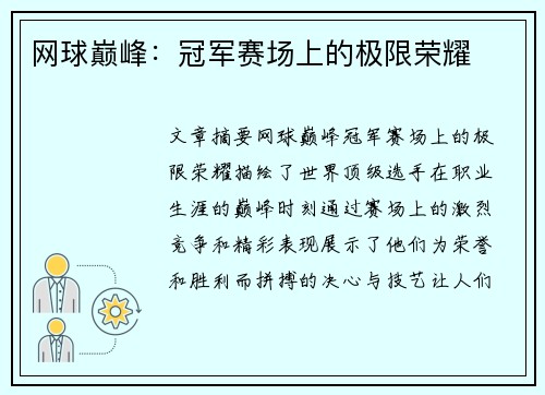 网球巅峰：冠军赛场上的极限荣耀